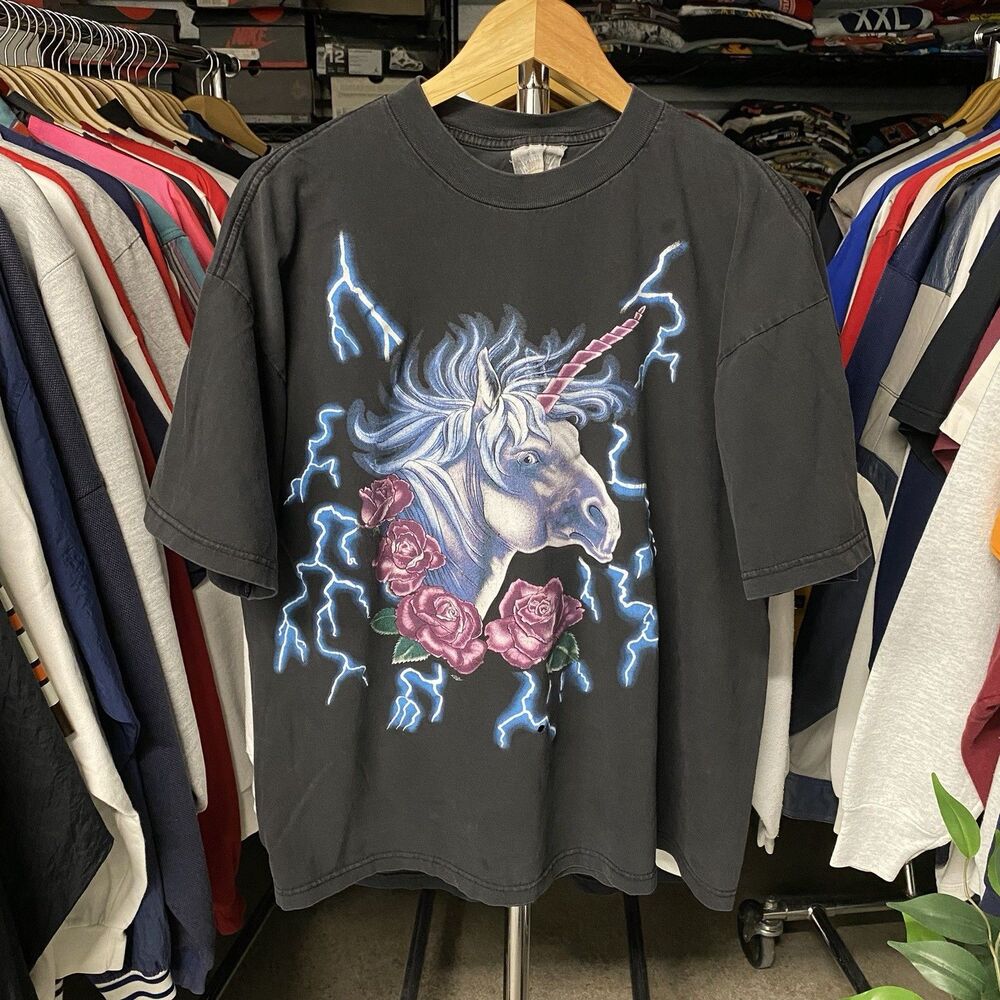 Vintage 90s USA Thunder Unicorn Lightning Horse Faded Black Boxy Tee Men's XL